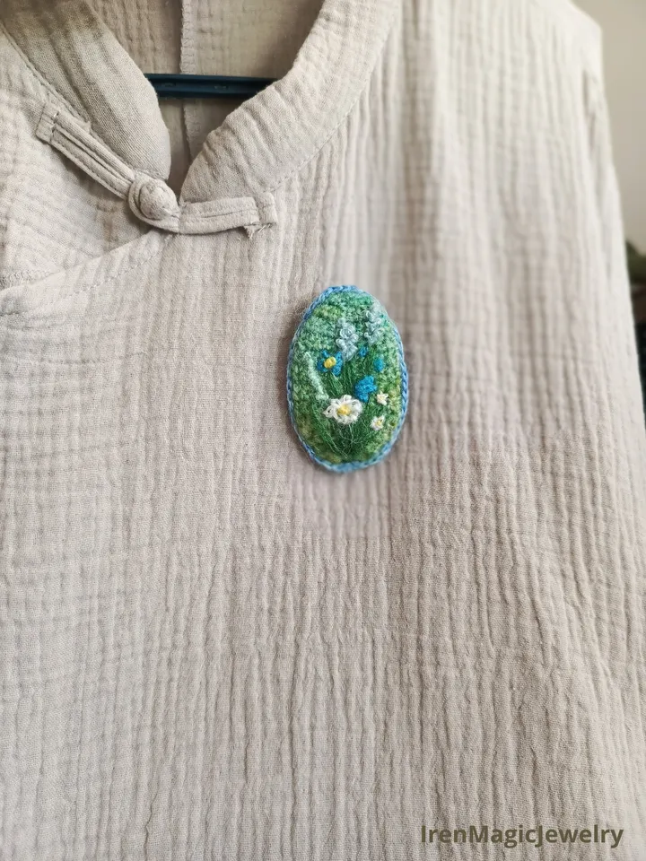 Crocheted Mohair Brooch with Embroidered Wildflowers