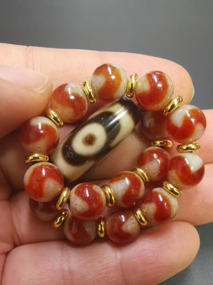 Gandhanra Tibetan Dzi Bead Bracelet,Fire Agate 3 Eyes Dzi Bead Bracelet,Protective Amulet Bead Jewelry