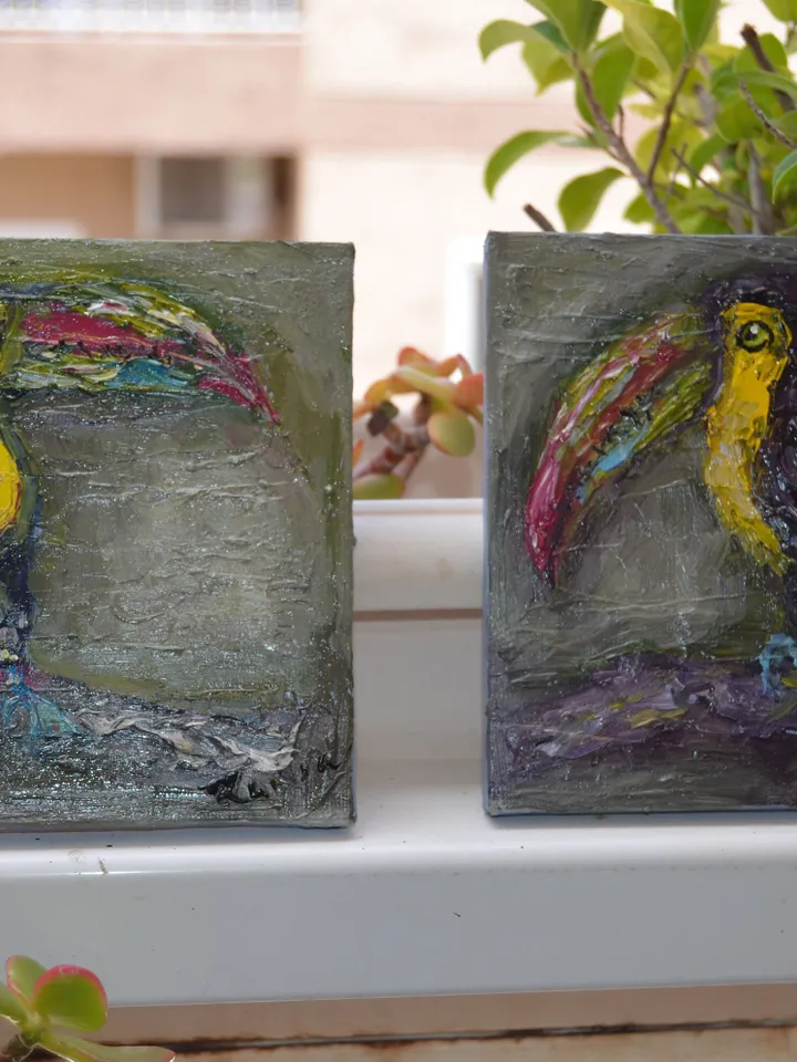 Parrots diptych ,original oil painting on stretched canvas, gift, home decoration,exotic birds painting,small painting wedding gift.