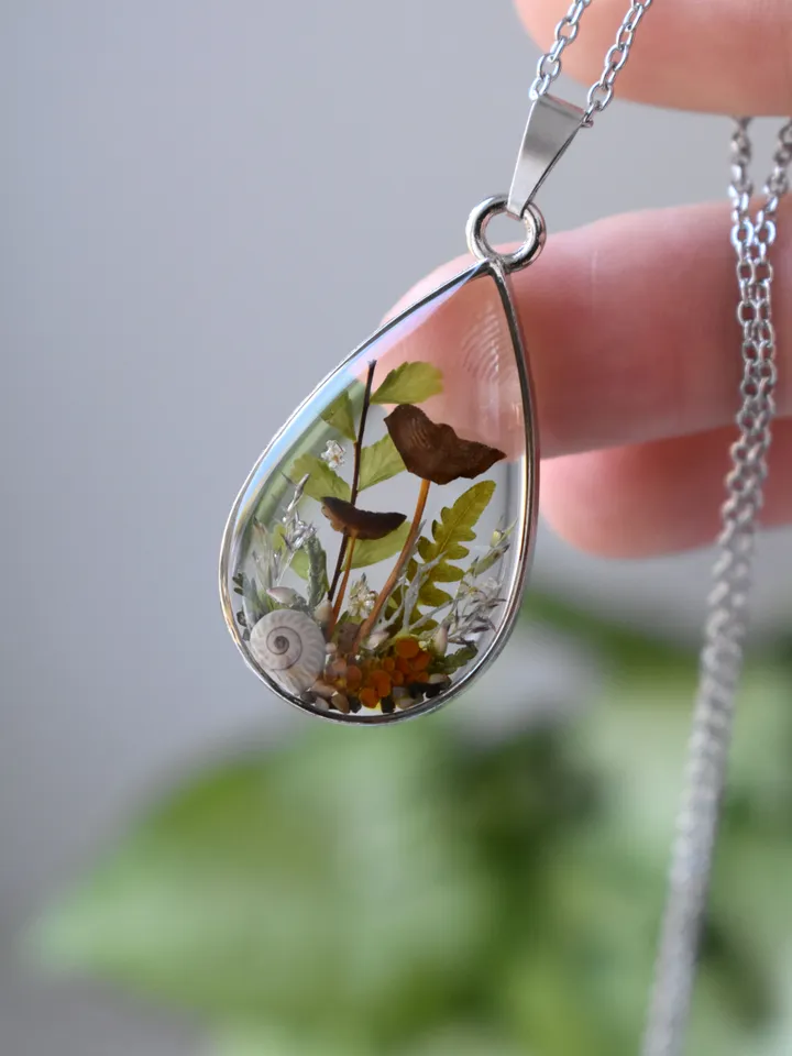 Necklace with dried mushrooms in resin. Real mushroom drop necklace. Pendant with a forest composition.