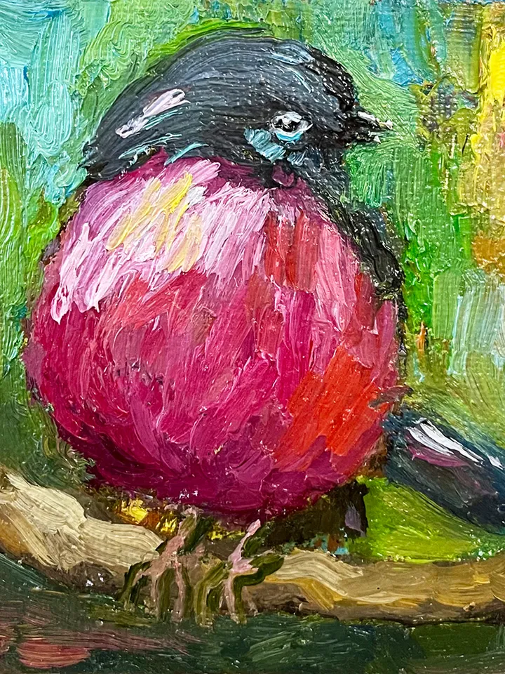 Pink robin painting, original bird oil painting, framed art