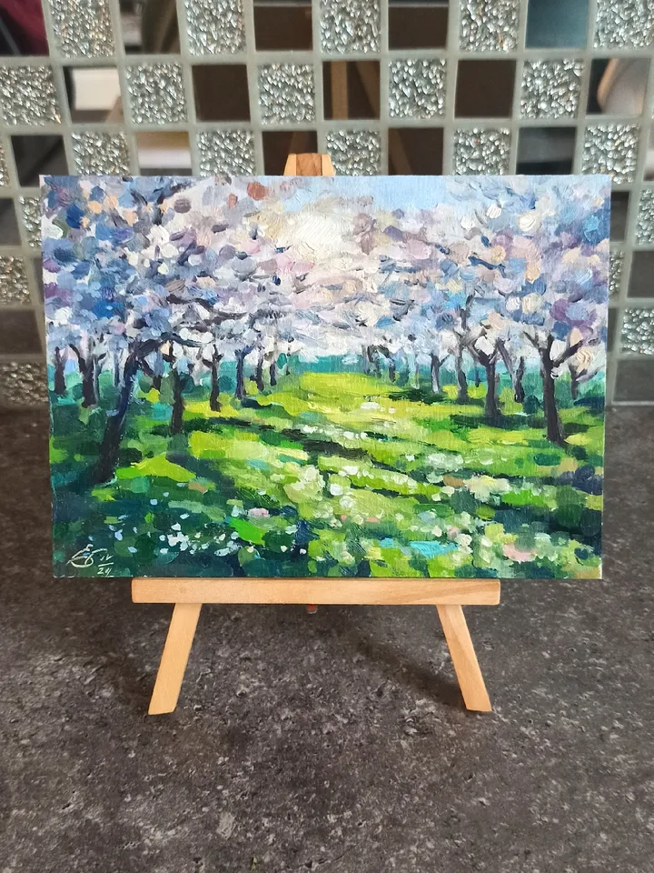Bright Landscape Flowering Fruit Trees Beautiful Garden Small Oil painting 5x7 inches Cherry Blossoms