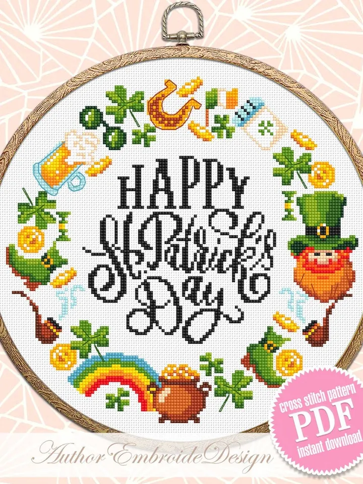 St Patricks wreath cross stitch pattern download PDF St Patrick day cross stitch, Irish pattern digital PDF, Saint Patrick home decor #T33