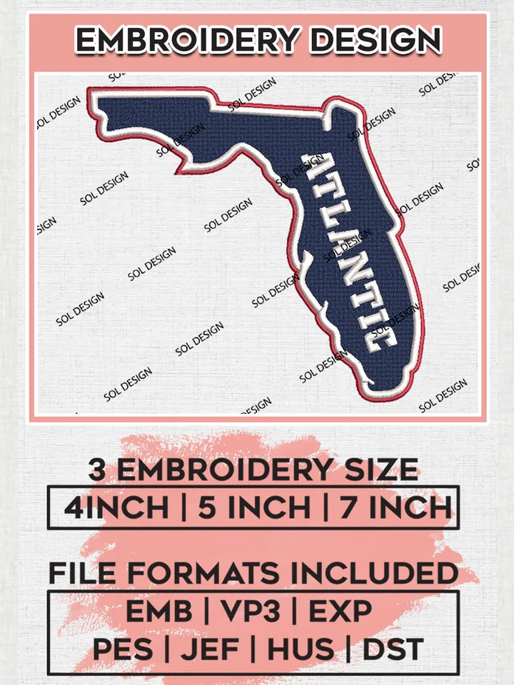 Florida Atlantic Owls Map Logo Embroidery Design Files, NCAA Florida Atlantic Owls Team Embroidery, NCAA Game Day, Machine embroidery designs, Digital Download