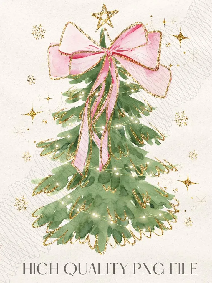 Coquette Glitter Christmas Tree Png, Watercolor Christmas Tree Girly, Merry Christmas Coquette Bow Tree Png, Christmas Lights Hand Drawn