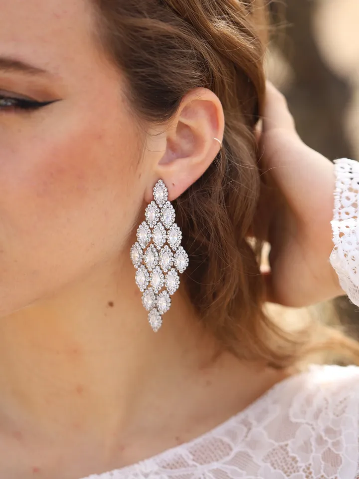 Long Swarovski Crystal Wedding Earrings, Cubic Zirconia Wedding Jewelry, Vintage CZ Wedding Earrings, Chandelier Statement Bridal Earrings
