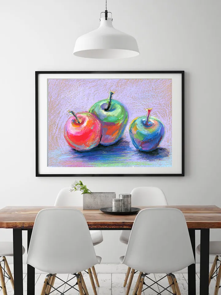 Still life three bright apples, Original oil pastel drawing on A4 craft paper.