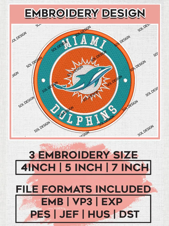 Miami Dolphins Circle Logo Embroidery Designs, NFL Dolphins, NFL Logo Embroidery Files, NFL Miami Dolphins Machine Embroidery Design, Digital Download
