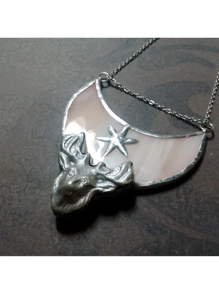 Deer antler jewelry, Deer head necklace, Yule jewelry, Christmas deer, Moon crescent deer, stag head pendant