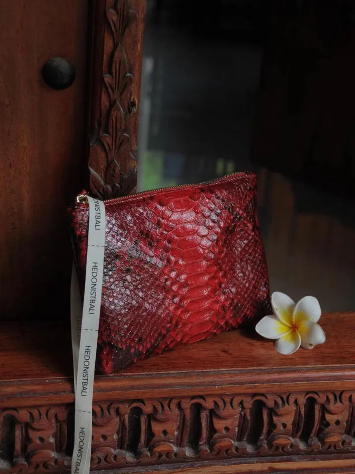 Genuine python skin red cosmetic bag/ Purse Insert Organizer/ Bag Insert For Tote Bag/ exotic leather wallet / small snake skin clutch