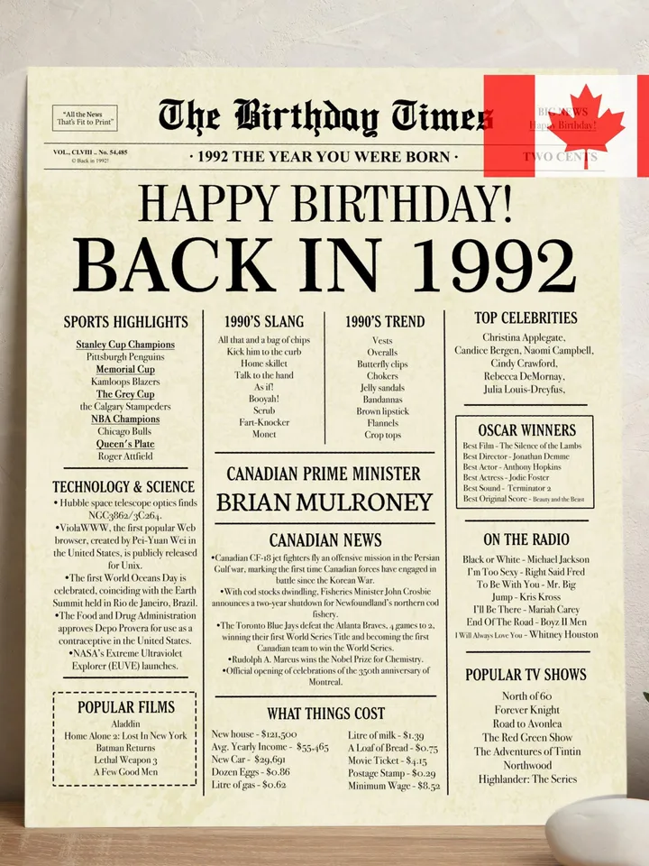 Back in 1992 CANADA | 33rd Birthday Newspaper Sign Canadian | 1992 Birthday Poster | 33rd Birthday Gift | 33 years ago back in 1992