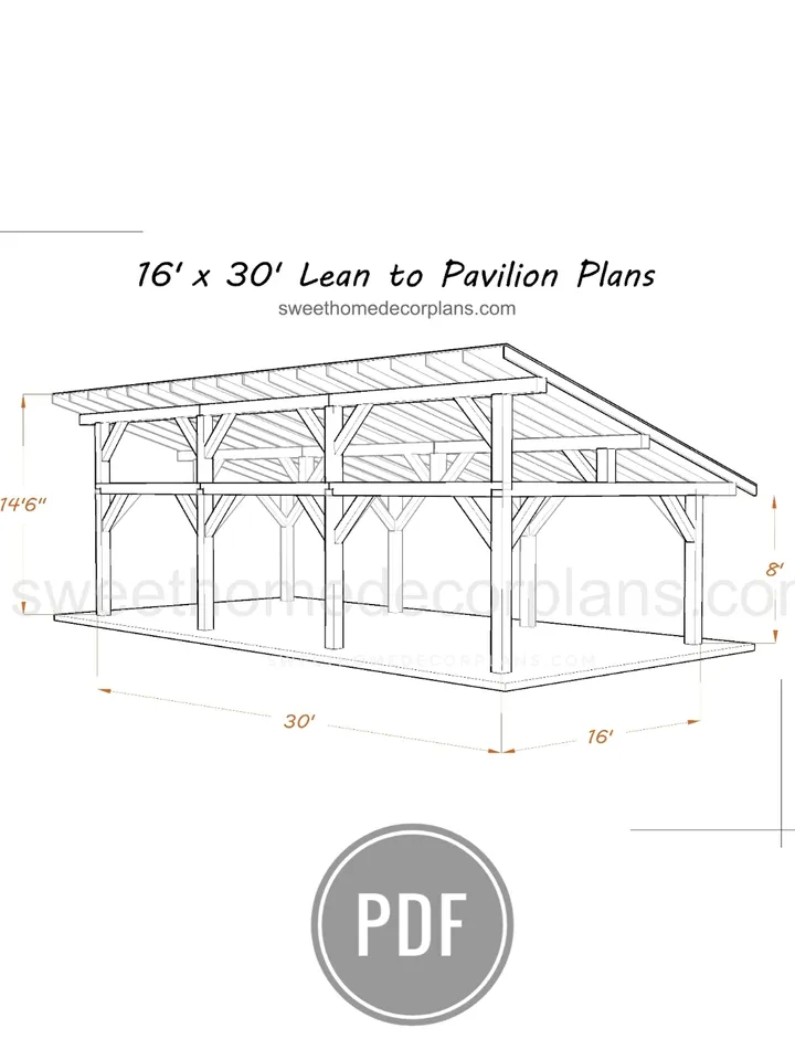 DIY 16 x 30 lean to pavilion plans pdf. Detached carport plans. Wooden covered gazebo outdoor plans. Timber frame backyard garage plans.