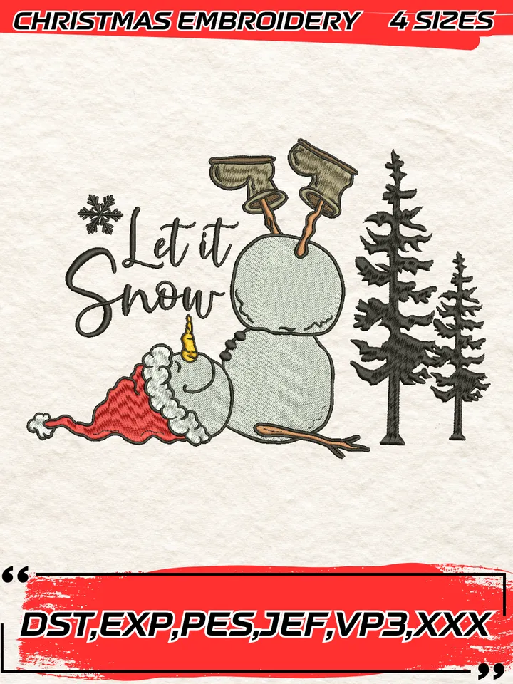 Snowman Let It Snow Embroidery Design,Christmas Embroidery Design,4 Sizes, Digital Download