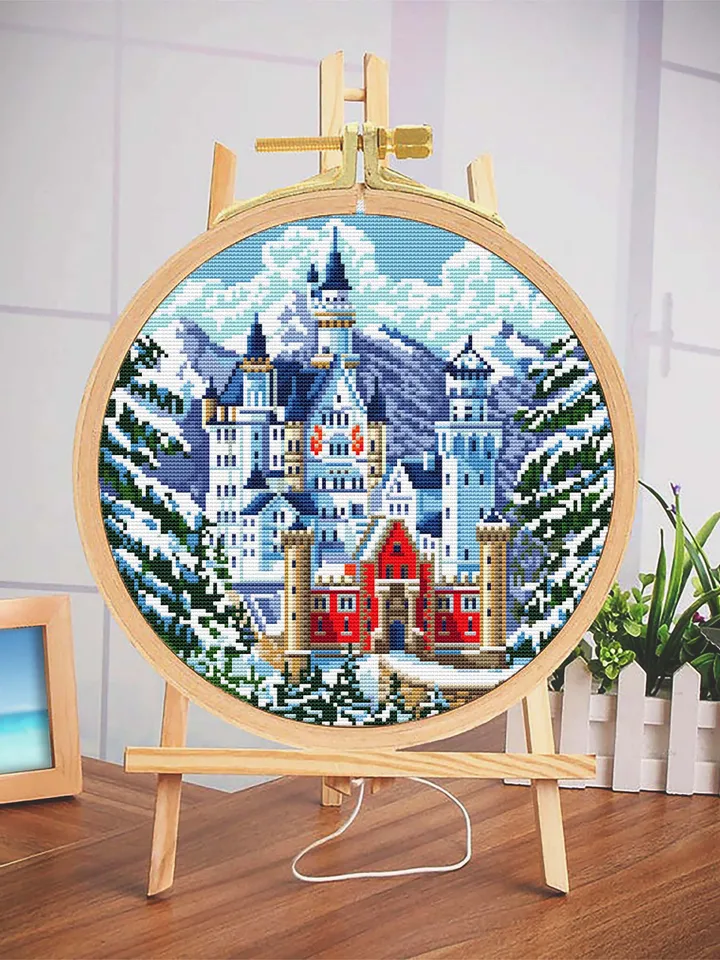 Winter landscape cross stitch pattern download PDF Neuschwanstein castle cross stitch chart, Nature embroidery digital, Snowy mountains #C3