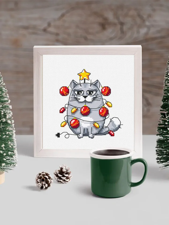 Funny Christmas cat cross stitch pattern PDF download, Small Christmas cross stitch chart, Christmas Lights Cat pattern digital PDF #N139