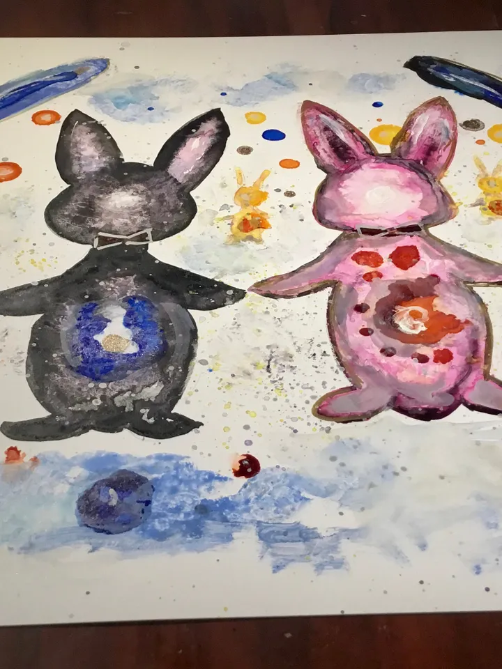 Cosmic bunnies original watercolour and alcohol inks  mix media painting on yupo paper,colourful rabbits wall decoration,unique gift.