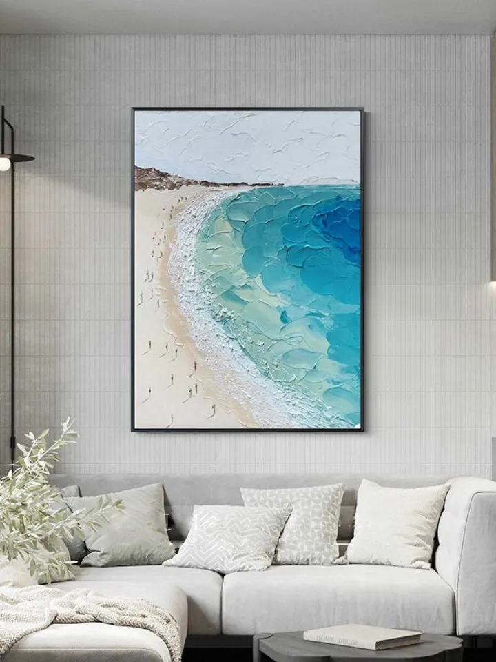 Abstract Beach Canvas Painting,Large Original Sunshine Ocean Coast Seascape Oil Painting Wall Art, Modern Blue Beige Living Room Wall Decor