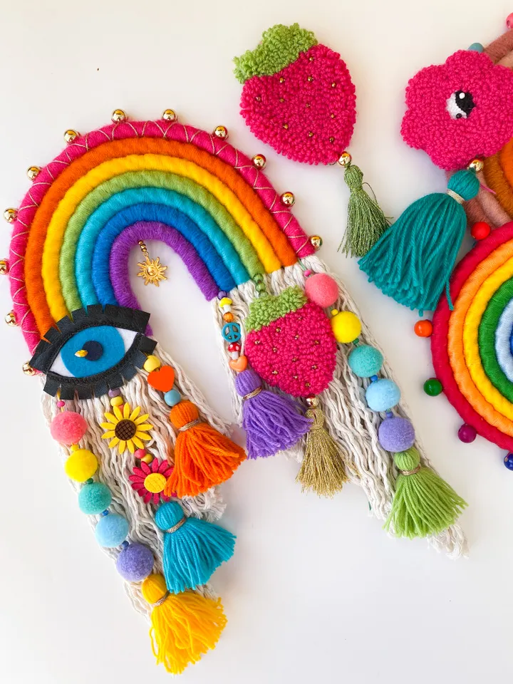 Macrame rainbow wall hanging, Evil eye and hamsa hand, Hippie room decor, Housewarming gift, Dorm room decoration