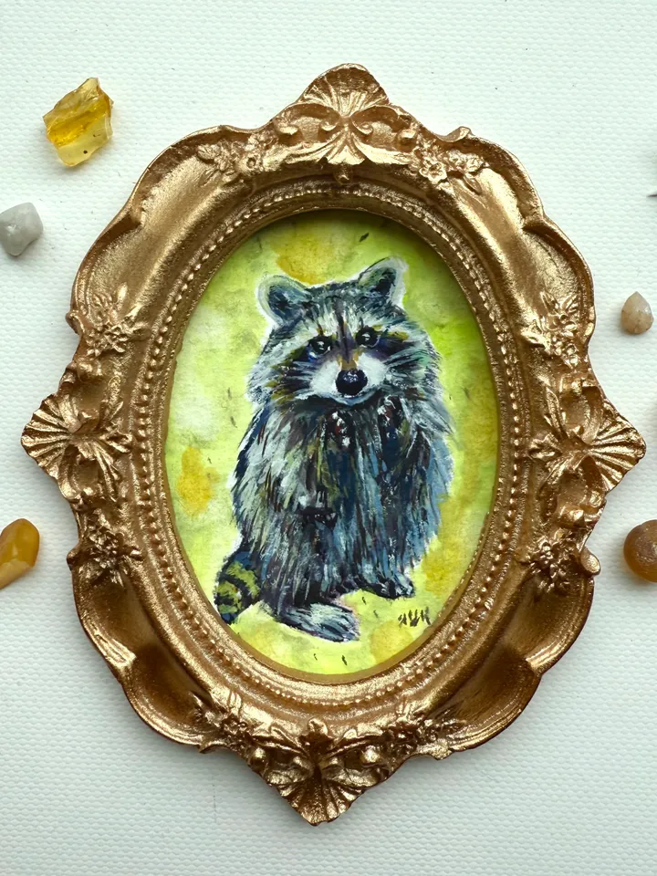 Raccoon Painting Original Small Framed Animals Gouache Painting Cute Wildlife Art Oval Frame