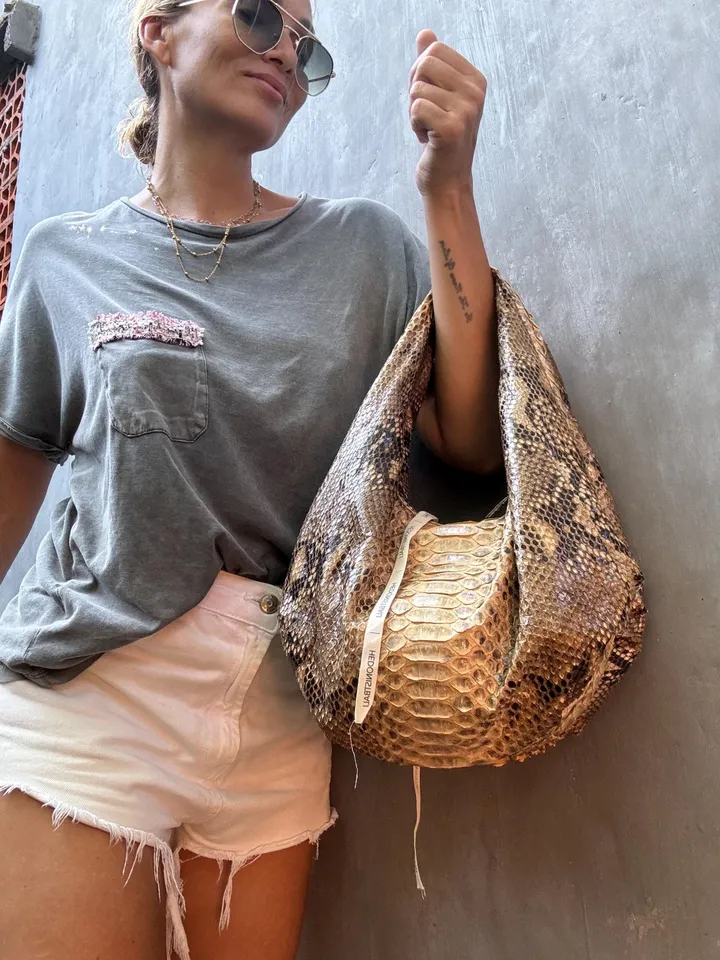 Medium Soft Hobo Classy Sport Woman Bag | Purse Genuine Python Skin | Reptile Skin Products | Cream Elegant Leather Designer Soft Bag Snake