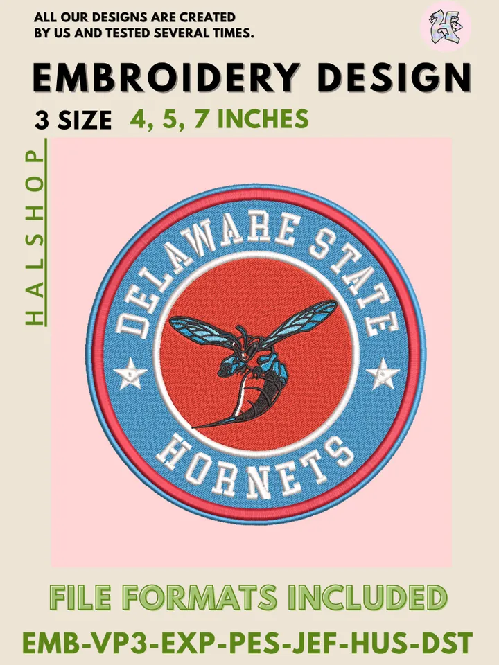 NCAA Delaware State Hornets Logo Embroidery Design Files, College Team Machine Embroidery, 3 Sizes, Digital Download