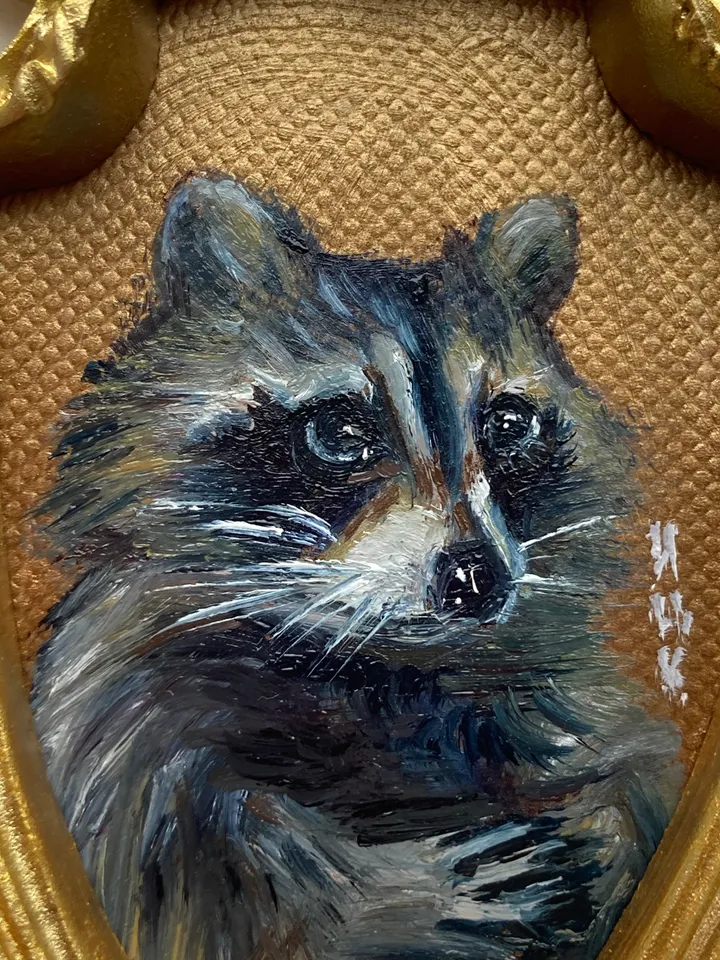 Raccoon Oil Painting Original In Vintage Style Frame Small Framed Animals Wildlife Art Arch Frame