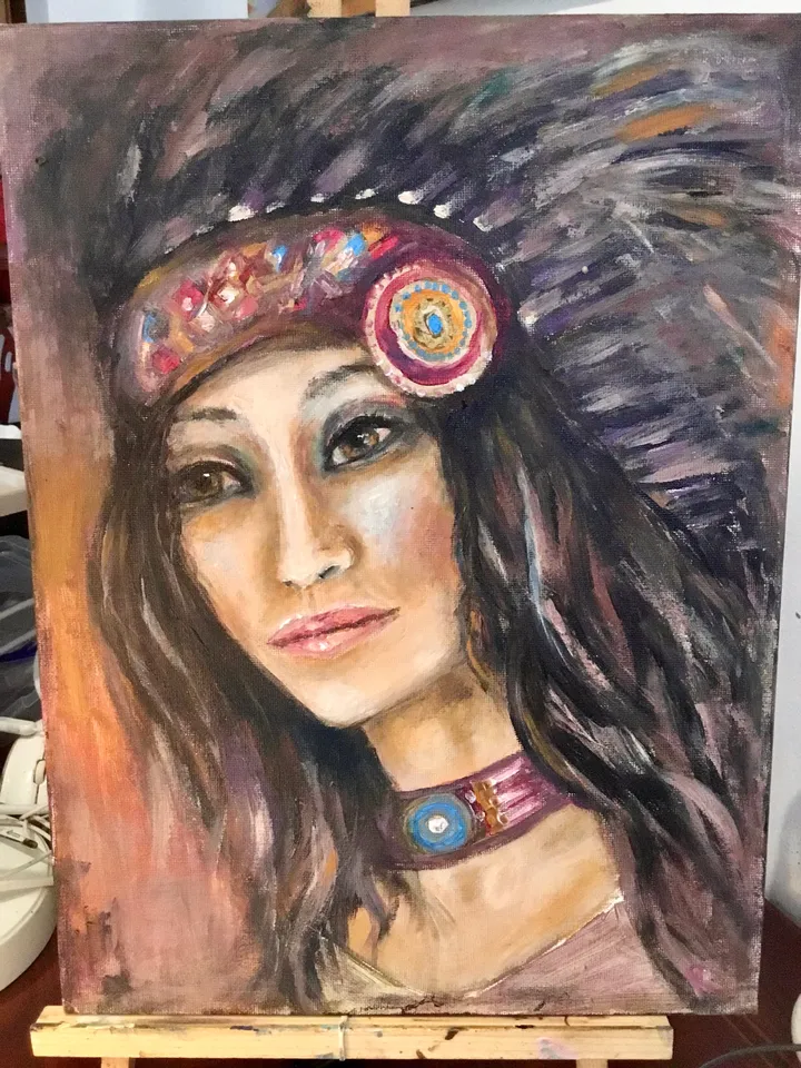 Native American queen original acrylic painting on canvas board,woman in national cloths,home decoration wall art,one of a kind.