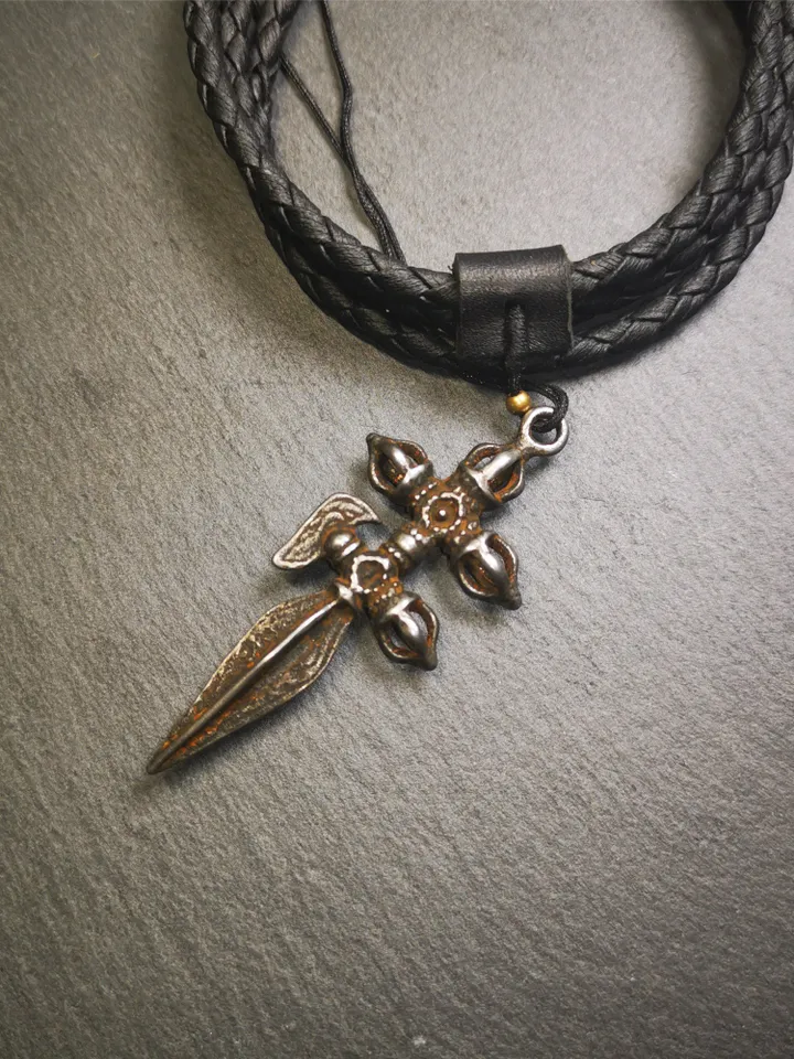Gandhanra Vintage Cross Vajra Phurba Amulet,Kila(Dorje Phurba) Pendant,Tibetan Budhist Ritual Implement,made of Thokcha,40 Years Old