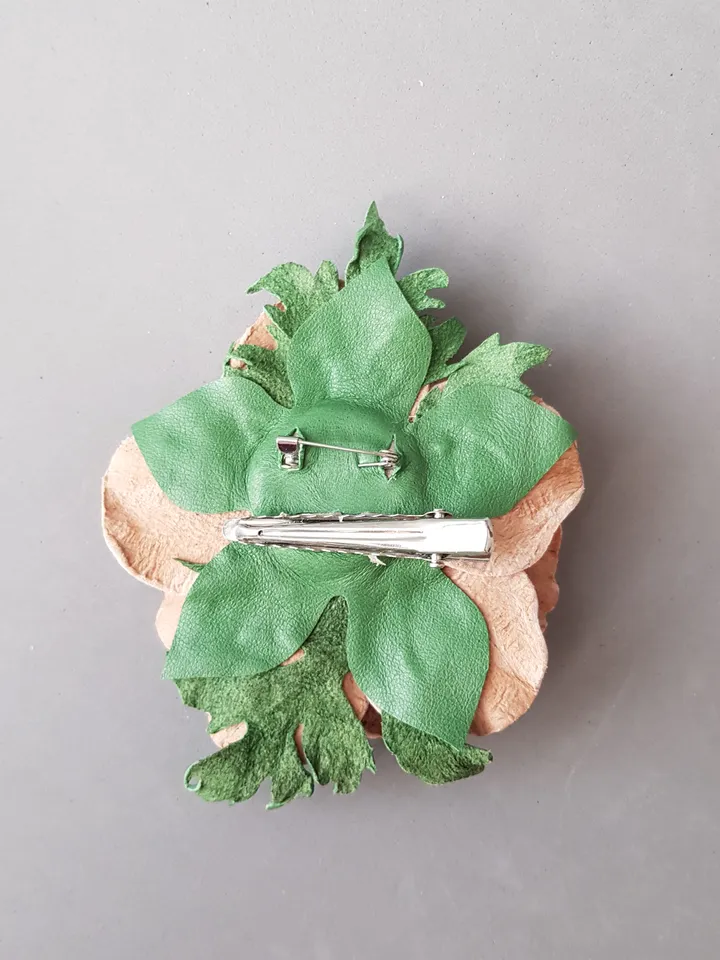 Beige leather brooch for her, Leather women's jewelry