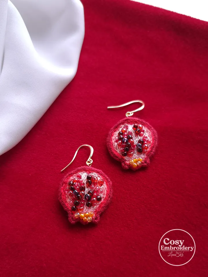 Pomegranate Earrings Handcrafted Jewelry Hand-Embroidered Unique Quirky Accessory Fruit Dangles Accessories Gift for Her