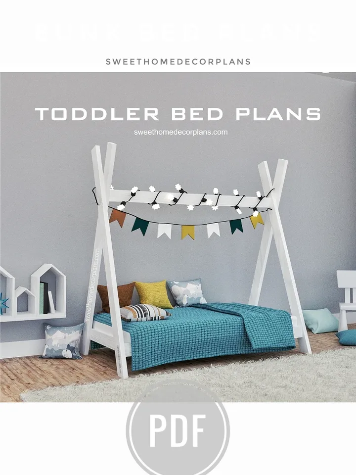 Diy teepee bed plans pdf. Toddler bed plans. Wooden montessori teepee bed for kids bedroom. Crib size kids floor frame bed plans.