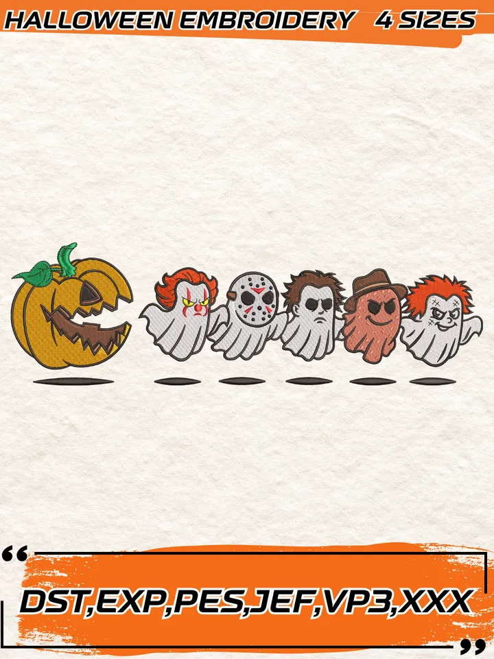 Pumpkin Pacman Horror Characters Embroidery Design, Halloween x Game Machine Embroidery Digitized Pes Files