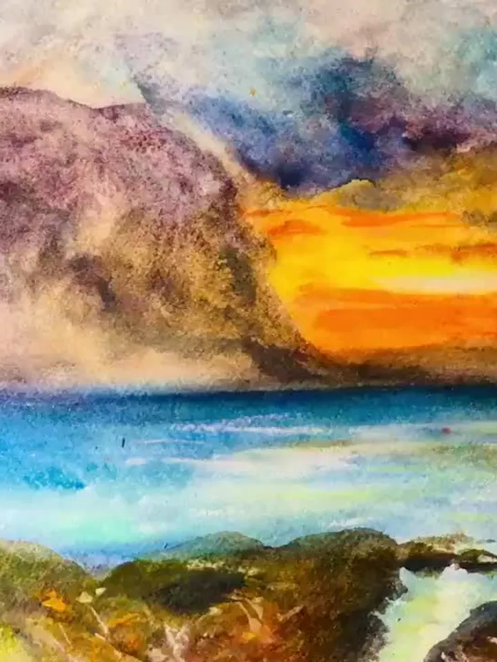 Sunset landscape painting,original watercolour painting,landscape wall art,home decoration.