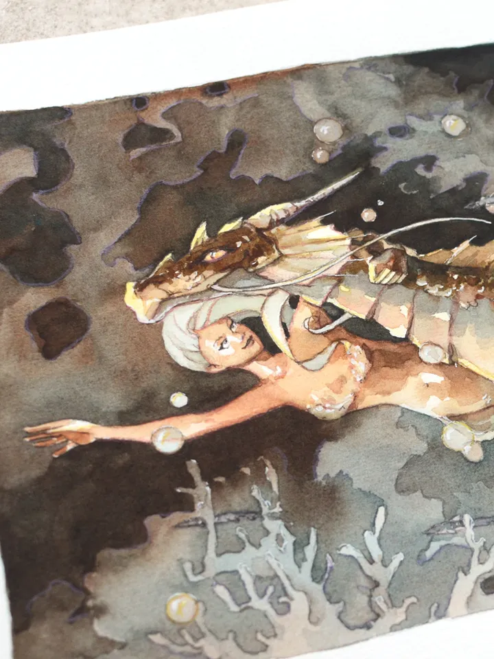 Mermaid and Water Dragon Painting Original fantasy art by Yulia Evsyukova