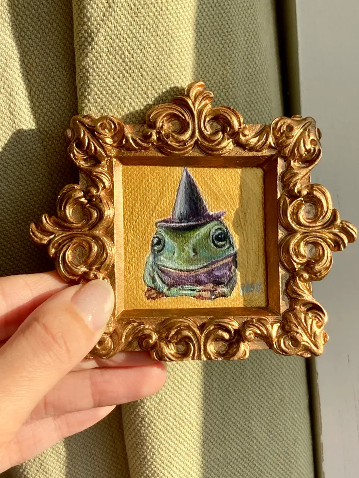 Framed Frog Painting Original Witch Frog Artwork Amphibians Art Tiny Oil Painting