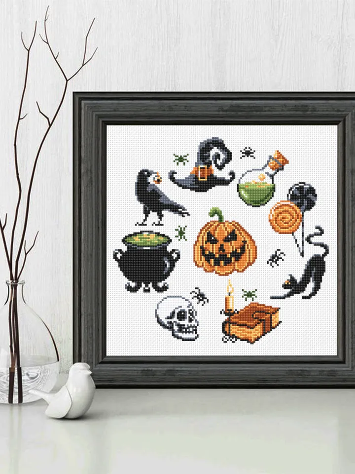Halloween cross stitch pattern download PDF Beginner stitch Magic horror cross stitch Witch black cat stitch chart Halloween embroidery #H30