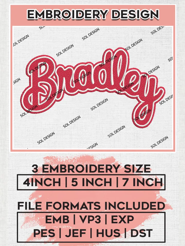 NCAA Bradley Football Team Word Logo Embroidery Design Files, NCAA Bradley Braves Machine Embroidery, NCAA Teams, 3 sizes, NCAA Machine embroidery designs, Digital Download