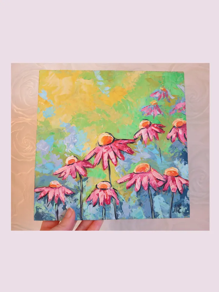 Original Oil Painting Pink Daisies in Bloom Floral Artwork Pink Flower Art
