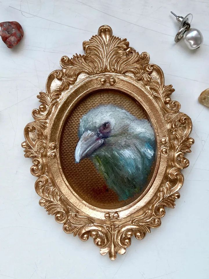 Framed Raven Oil Painting Original Albino Bird Art Dark Cottagecore Art