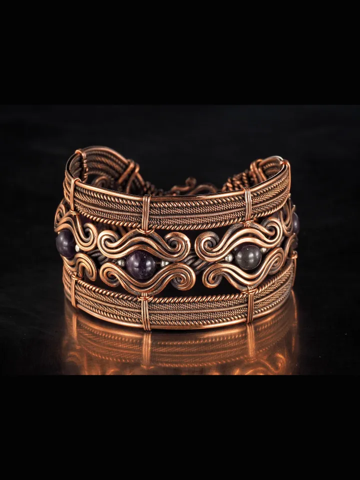 Copper wire wrapped bracelet with amethyst for lady Antique style WireWrapArt