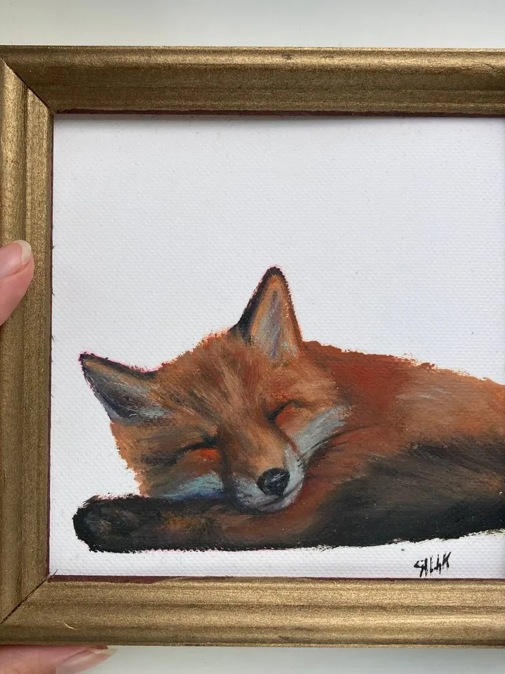 Cute Fox Painting Framed Antique Oil Painting Original Art Gold Frame Animal Painting Realistic Fox Small Oil Painting Framed Decor