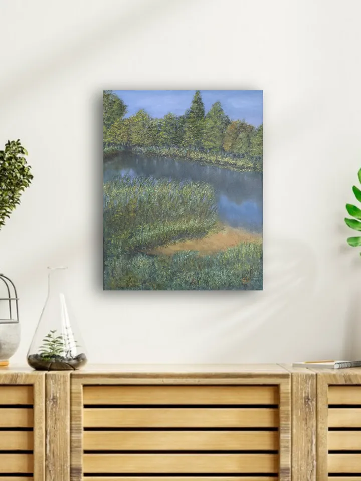 Summer landscape with a river and a sandy shore, tall grass and trees, original painting 16x12 inches