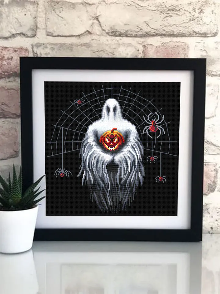 Gothic Halloween cross stitch pattern download PDF, Spooky ghost cross stitch chart, Halloween spider cross stitch, Scary halloween #H40