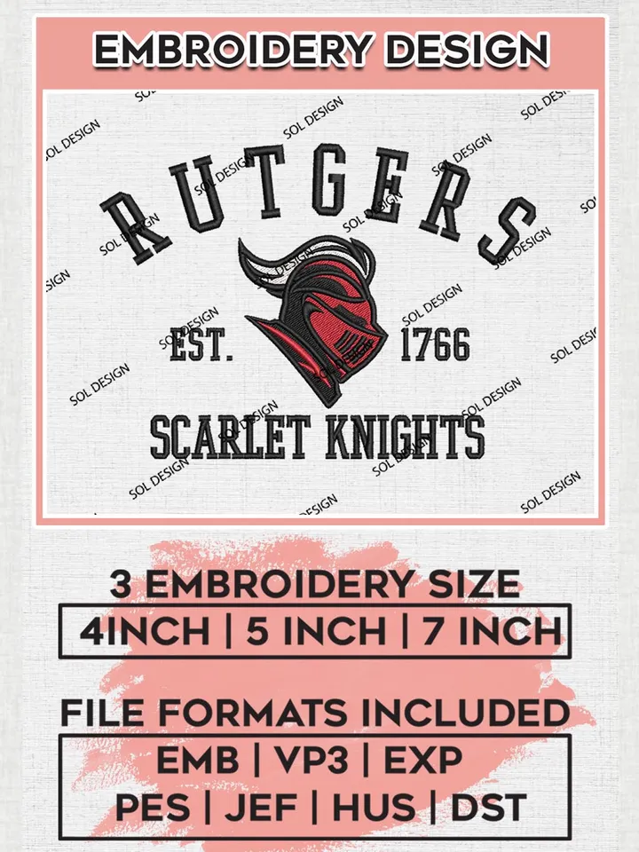 Rutgers Scarlet Knights Est 1766 Logo Embroidery Designs, NCAA Rutgers Scarlet Knights Team Embroidery, NCAA Team Logo, 3 sizes, Machine embroidery Files, Digital Download