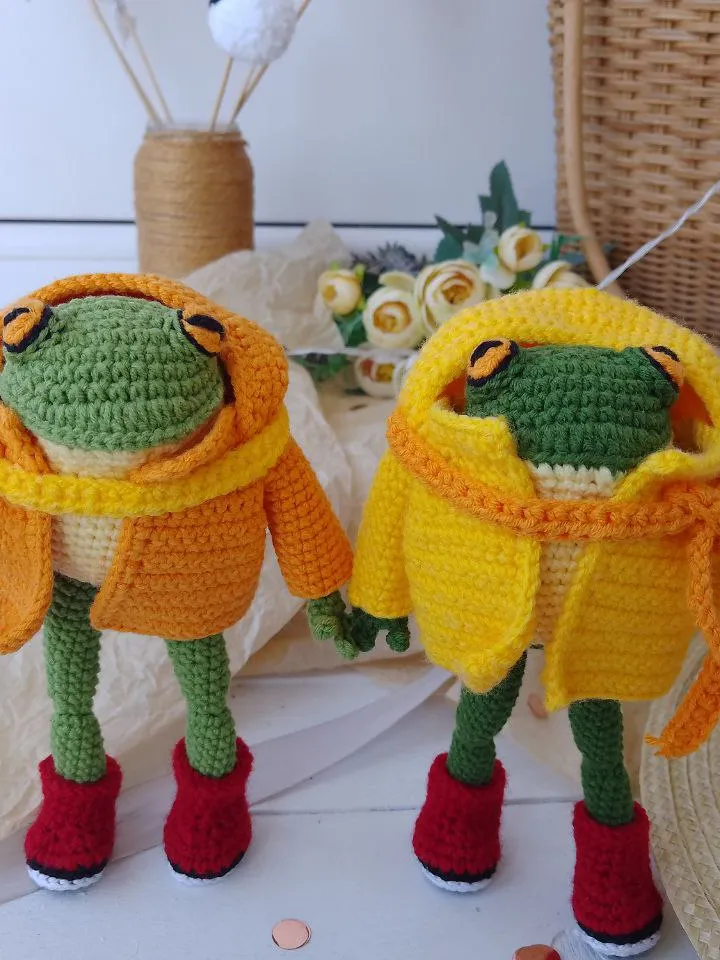 Soft personalized toy frog in clothes and boots. Original personalized gift.