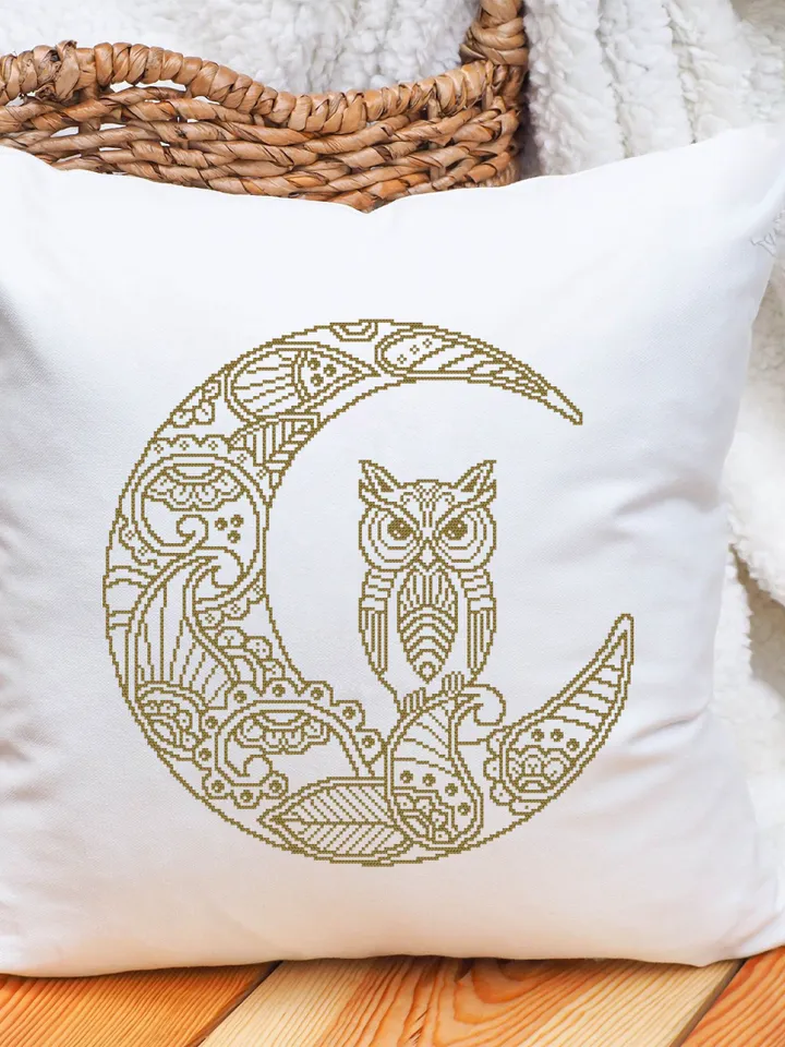 Crescent moon cross stitch pattern download PDF Mandala pattern PDF, Monochrome embroidery beginner, Owl cross stitch chart, Home decor #M95
