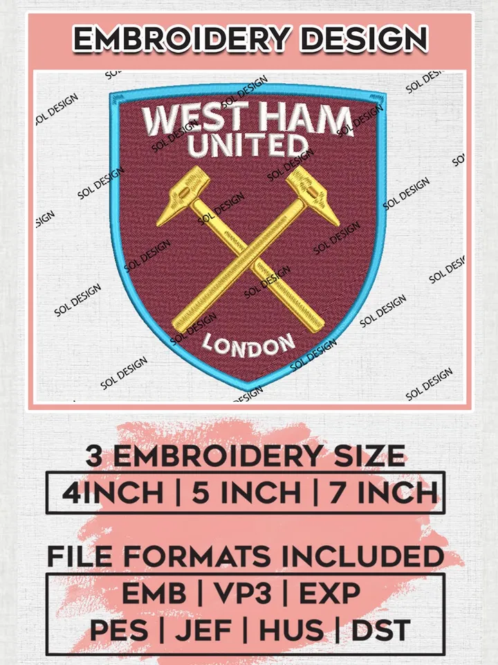 West Ham United Embroidery Designs, Premier League Embroidery, EPL Embroidery Designs, EPL West Ham United Machine Embroidery Designs
