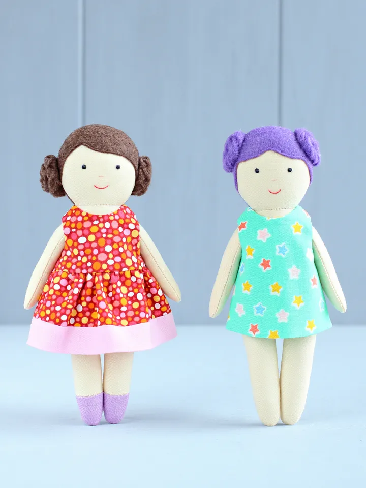 5 PDF Four 16 cm (6″) Mini Rag Dolls with Summer Capsule Wardrobe (8 pieces) Sewing Patterns Bundle