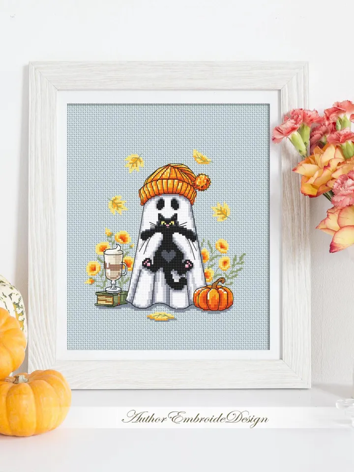 Ghost with black cat cross stitch pattern PDF download Cute ghost cross stitch chart, Halloween pattern digital PDF, Fall leaves #H87