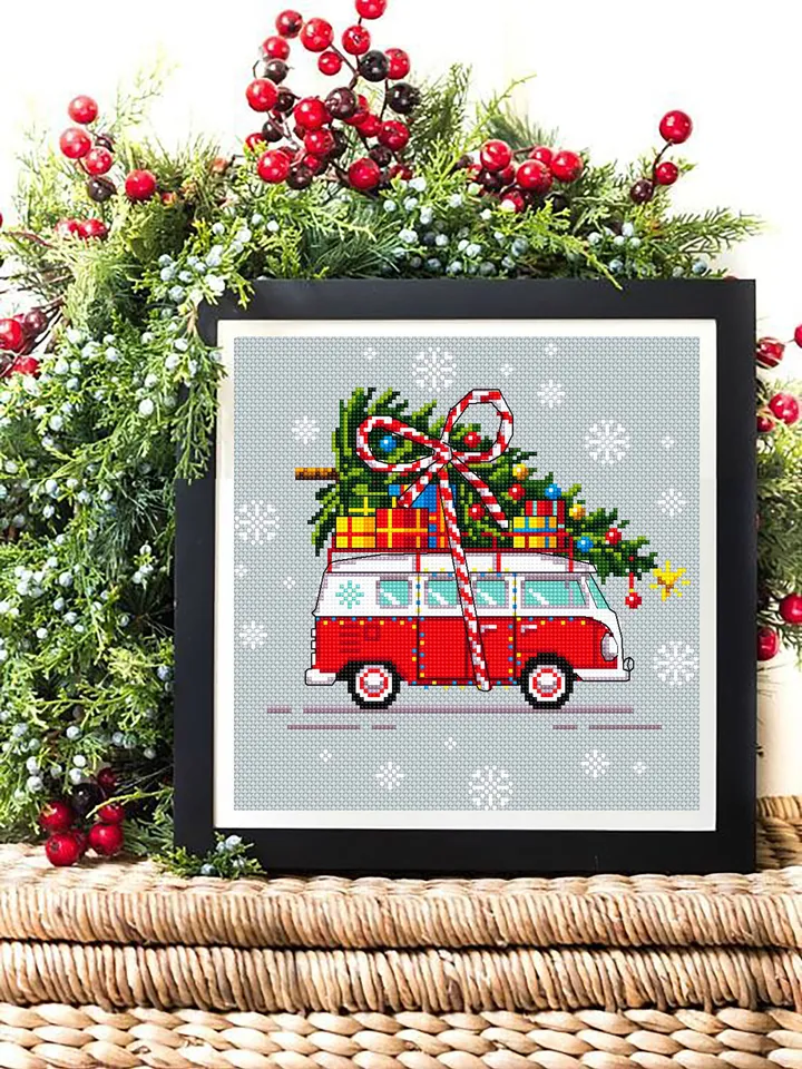 Christmas tree van cross stitch pattern download PDF Holiday hand embroidery Red truck christmas cross stitch Christmas pattern digital #N19